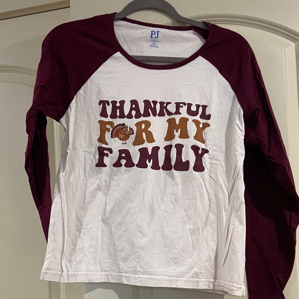 Women’s small "Thankful for My Family" Long-Sleeve White & Maroon, plaid pants